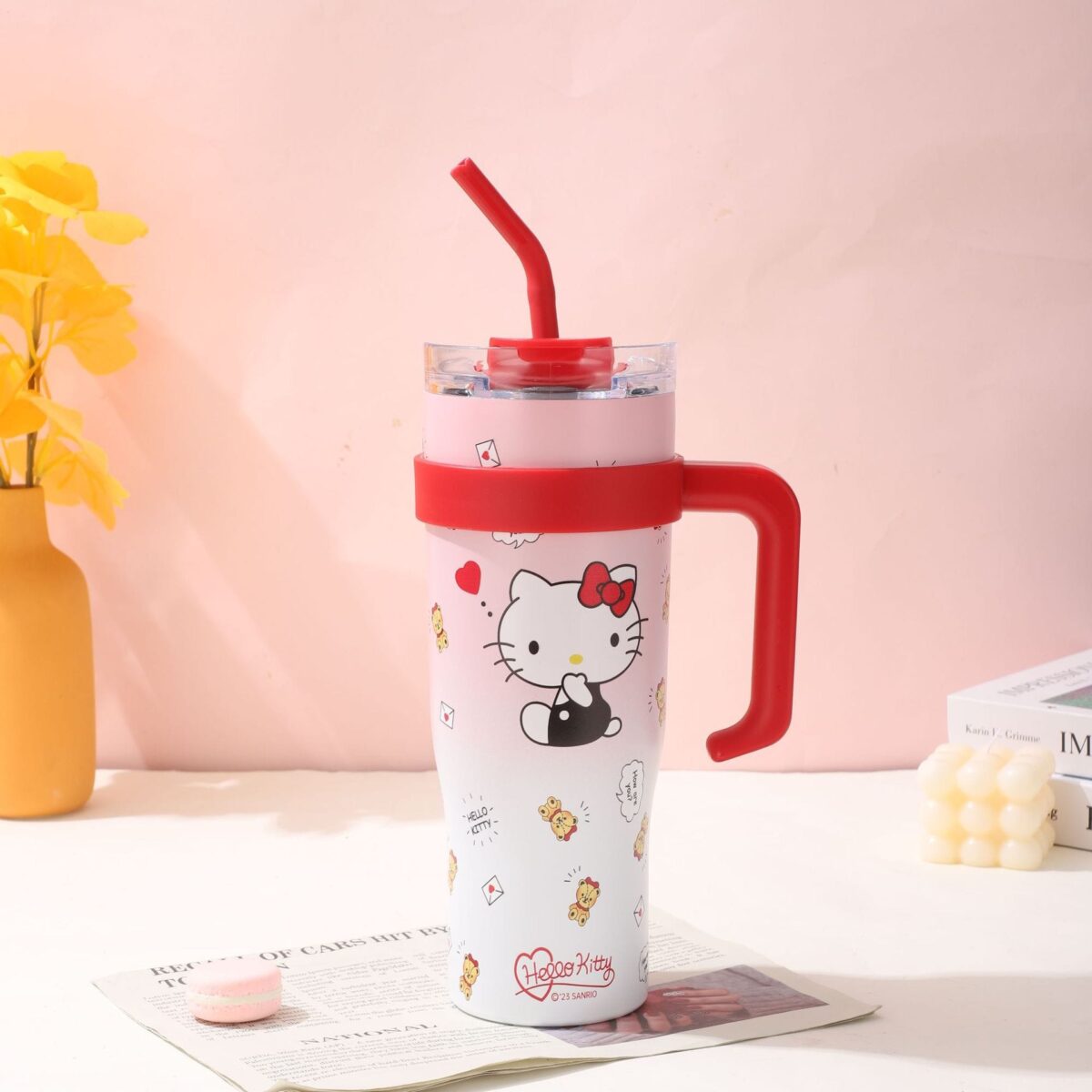 Hello Kitty - Vaso termico de acero inoxidable con tapa y popote