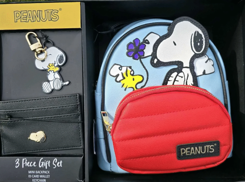 Set de tres regalos: Mini mochila, mini billetera, y llavero de Peanuts Snoopy
